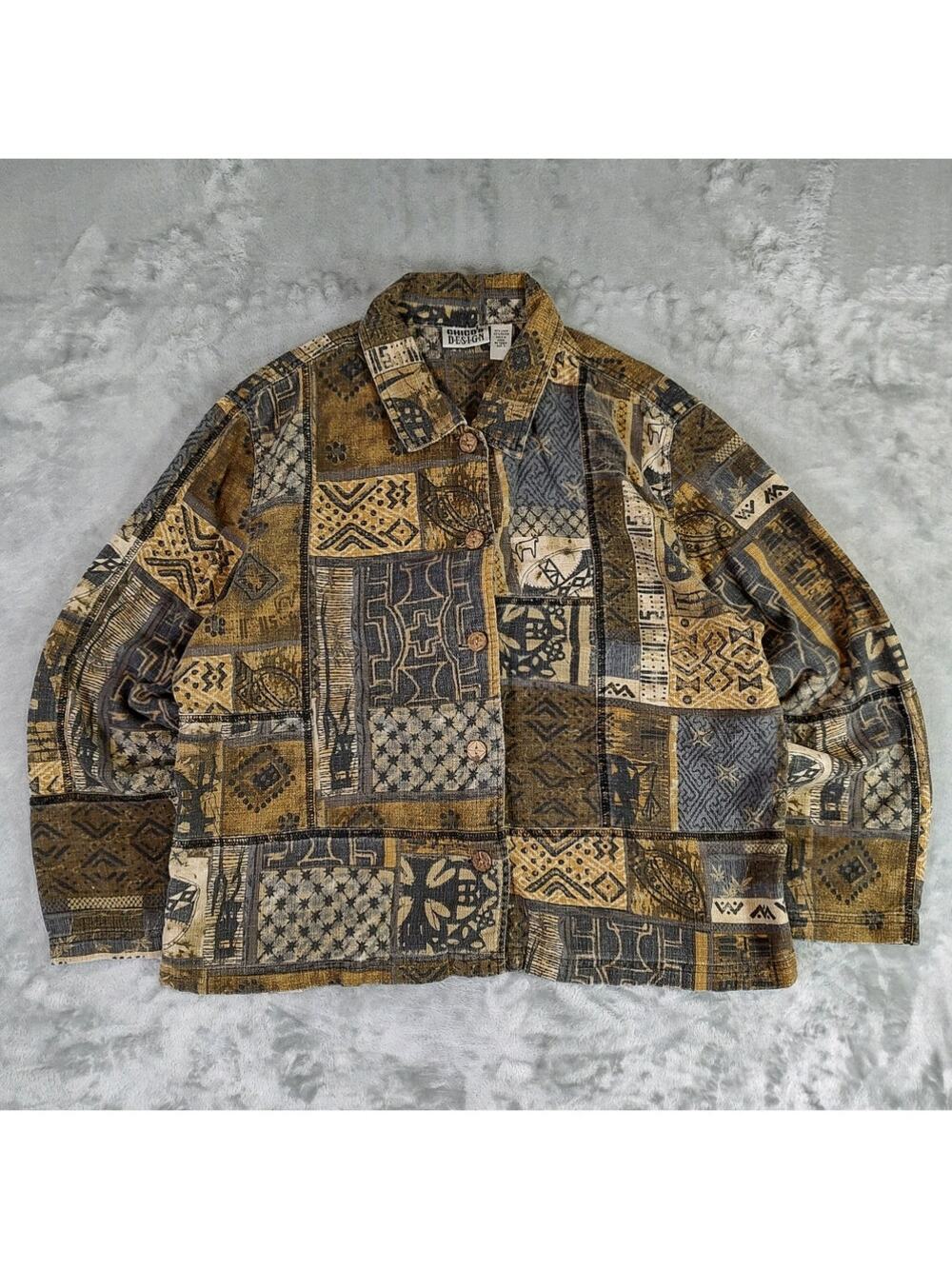 VTG Chicos Design Ethnic tribal pattern boho linen blend button up shirt wms 3